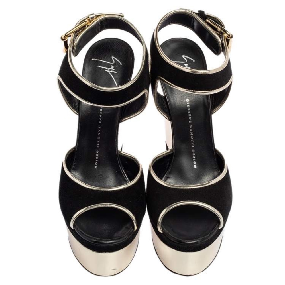 Giuseppe Zanotti Black/gold/suede leather trim platform wedge 37 - Picture 9 of 10